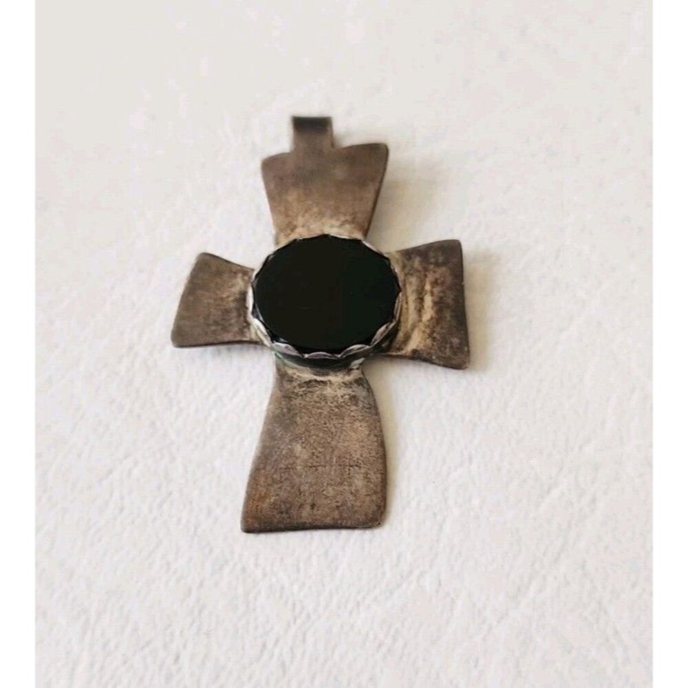 Vintage Southwestern Sterling Silver Black Onyx Cross Pendant 2" 7.44g